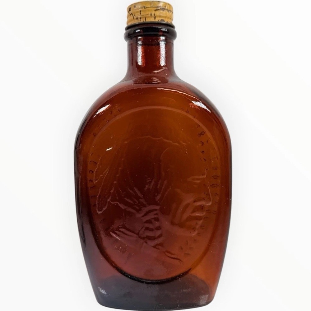 1776‎ Vintage Bicentennial Amber Glass Indigence Design Log Cabin Syrup Bottle